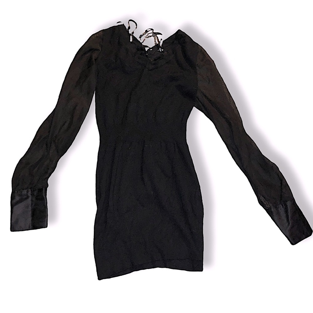 Lace Up Sheer Puffy Long Sleeve Satin Cuff V-Neck Bodycon Mini Sweater Dress